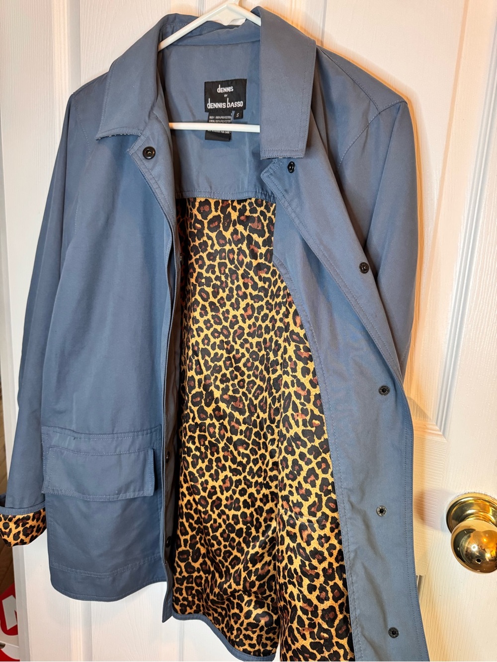 dennis basso Steel Blue Trench Coat with Leopard Cuff